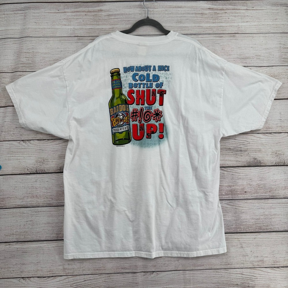 Vintage Y2K Big Dogs Graphic T-Shirt Mens XXL White Shut Up Beer Bottle 2006